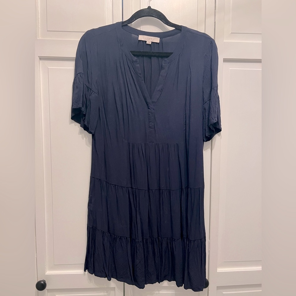 Loft Size Small Swing Dress Navy Tier Flounce V-Neck Dress